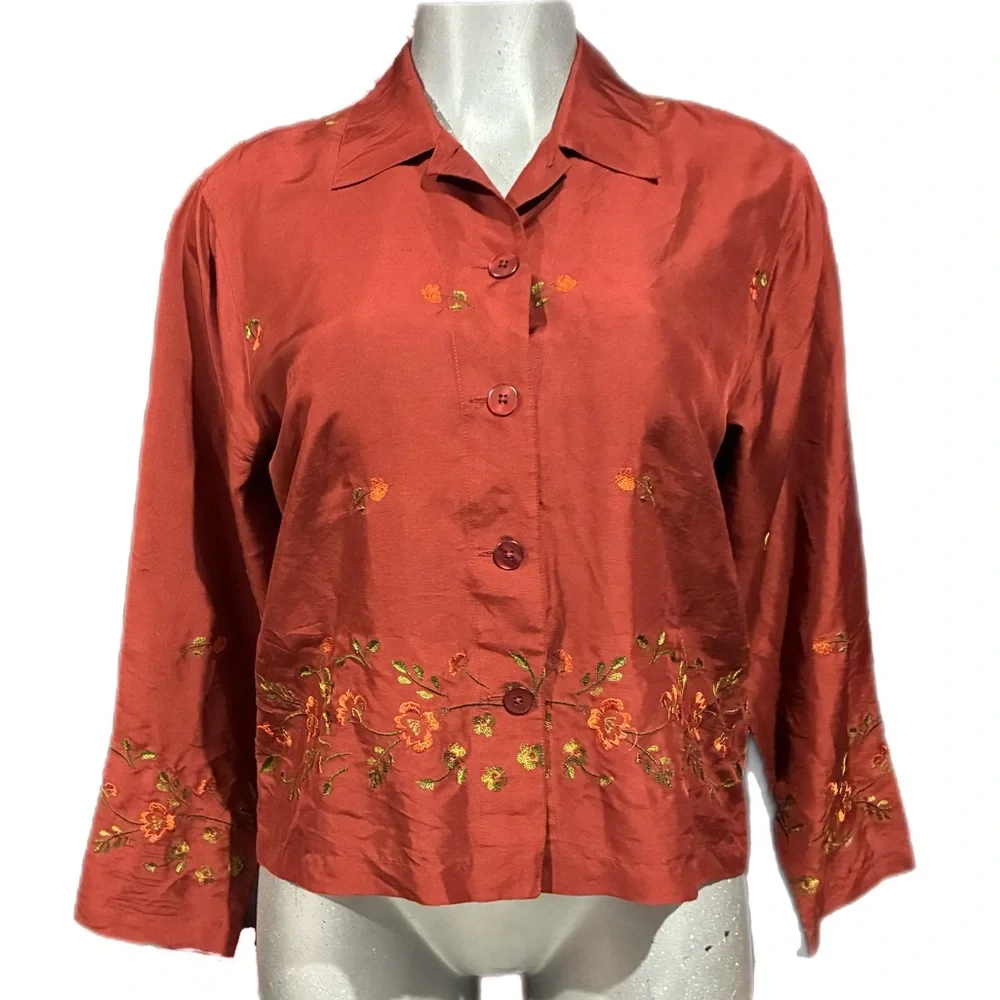 Coldwater Creek Embroidered Button-Down Silk Shirt Rust Orange Sz Small Relaxed